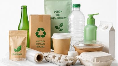 Assortment of sustainable packaging materials including paper bags, cardboard cartons, glass bottles, recyclable plastic containers, molded fiber trays, and compostable food packaging.
