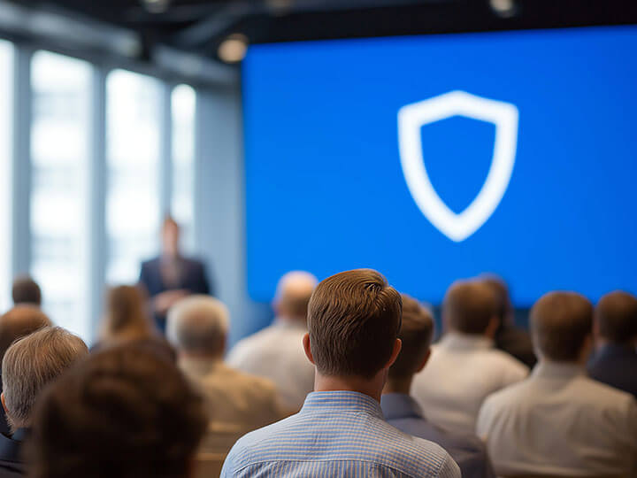 Men and women business professionals attending an IT security training seminar looking at a blue screen with a white shield logo