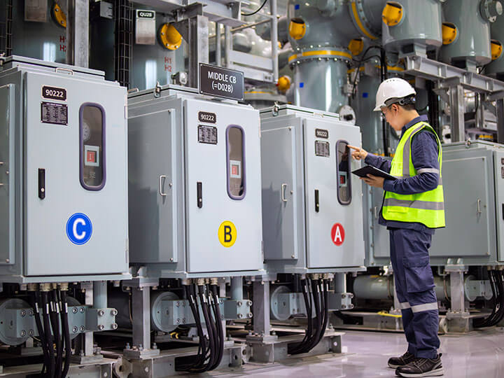 Technician wearing reflective vest and safety helmet inspection circuit breaker at power substation plant