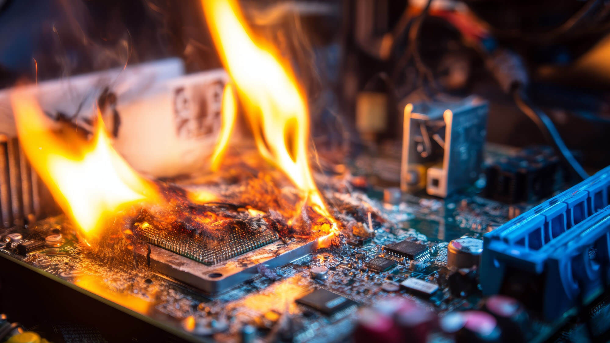 Fire engulfing and destroying the motherboard and components of a desktop PC, severe computer damage, burning electronics, circuit board meltdown, hardware